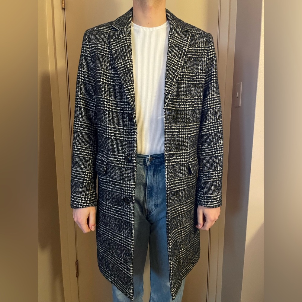 H&M Black & White Plaid Overcoat